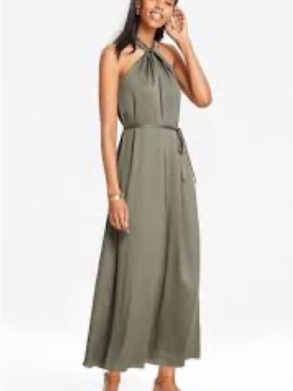 Ann Taylor Olive Halter Maxi Dress with Self-Tie Waist